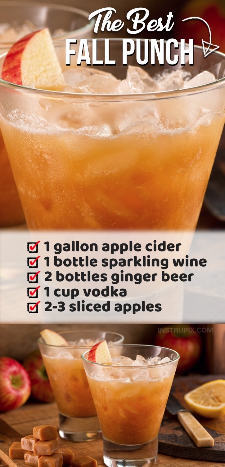 This fall inspired alcoholic punch recipe is made with simple ingredients including vodka, sparkling wine, apple cider, ginger beer and apples. Everyone will be begging you for the recipe! It's pefect for Halloween parties, Thanksgiving with family, Christmas or any type of get-together during the holidays. It serves a crowd but will disappear before your eyes! Double the recipe for a large party. You can also make this with caramel vodka and garnish with oranges, apples or cinnamon sticks.