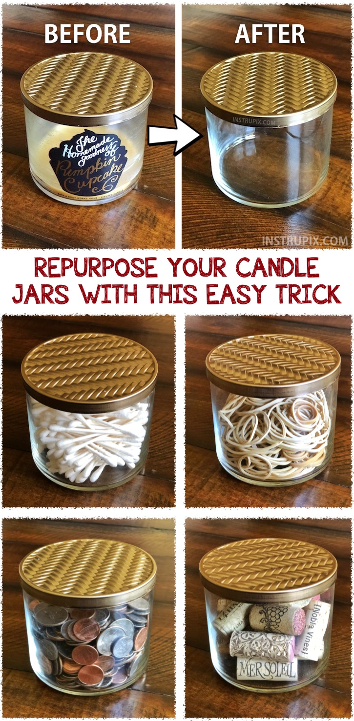 How to get wax out of candle jars the easy way! Tämä helppo life hack on helpoin tapa kierrättää. Ne ovat niin hyödyllisiä pienten tavaroiden järjestyksessä pitämisessä. | Instrupix