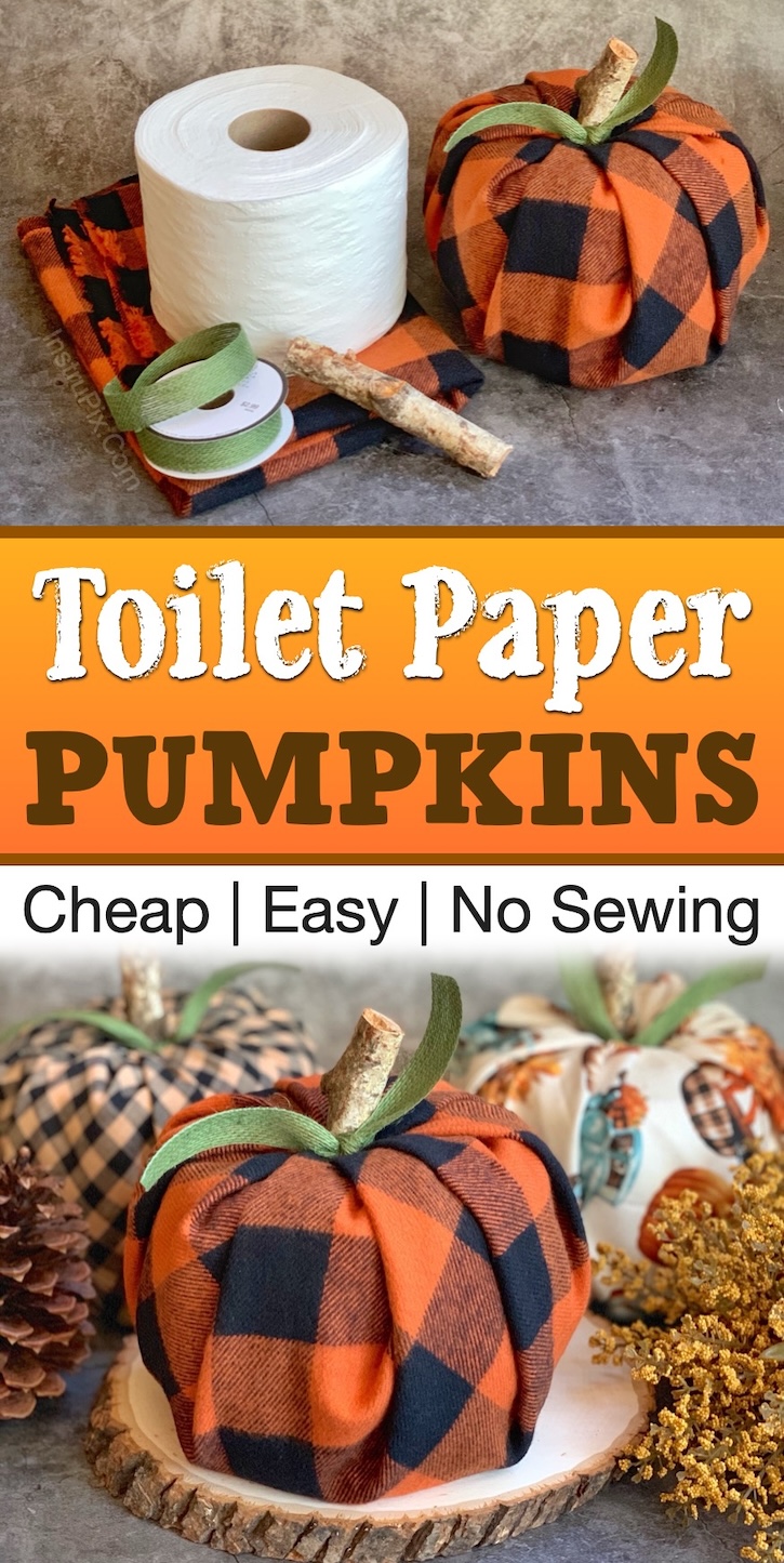 How to make adorable fluffy pumpkins for fall with a roll of toilet paper and fabric! Just wrap and tuck, no sewing required for this easy Autumn project. A great way to decorate your home for fall on a budget! This pumpkin craft is just perfect for Halloween or Thanksgiving. You can use any fabric in any color to fit the season!