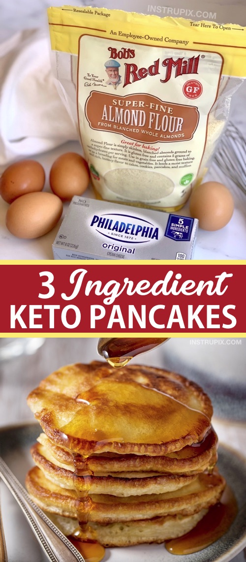 Looking for easy keto breakfast recipes besides just eggs!? These quick and easy keto cream cheese pancakes are made with 3 simple ingredients: almond flour, cream cheese and eggs. They taste just like the real deal with a little sugar-free syrup! If you are on the ketogenic diet, this low carb breakfast idea is a life saver. You can even make a large batch ahead and eat them leftover all week long. I love almond flour!!