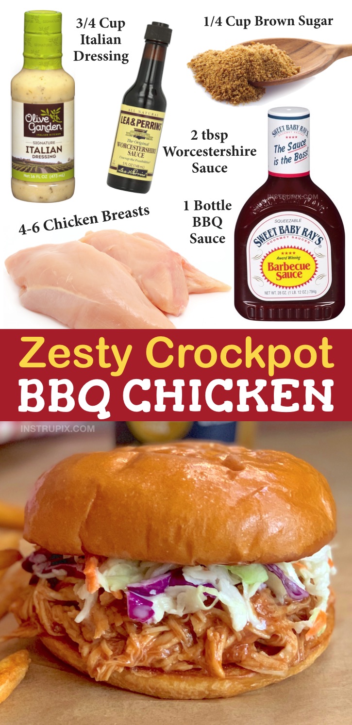 Looking for easy slow cooker chicken recipes? This 5 ingredient BBQ crockpot chicken is always a hit! Serve it in sandwiches, over a salad, or load it on top of a baked potato. It's an easy dinner recipe for the family that even the kids will love! This simple slow cooker idea will soon be on regular rotation for busy weekday meals. It's also fabulous for potlucks and parties, just double the recipe.