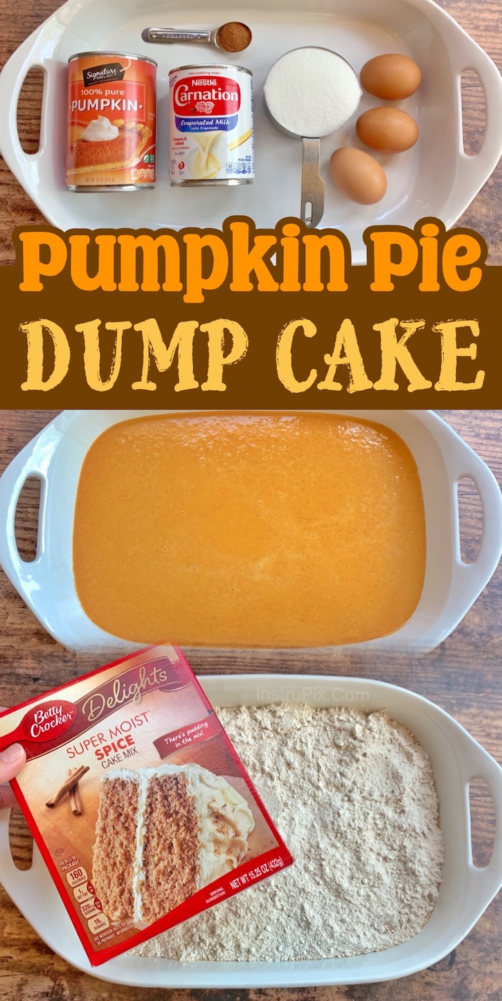 Delicious pumpkin dessert for Fall! Make this pumpkin pie dump cake in place of pumpkin fall for Thanksgiving or any of your Autumn festivities. It's easy to make with just a few basic ingredients including a box of spice cake mix and can of pumpkin puree. A family favorite dessert for the holidays!