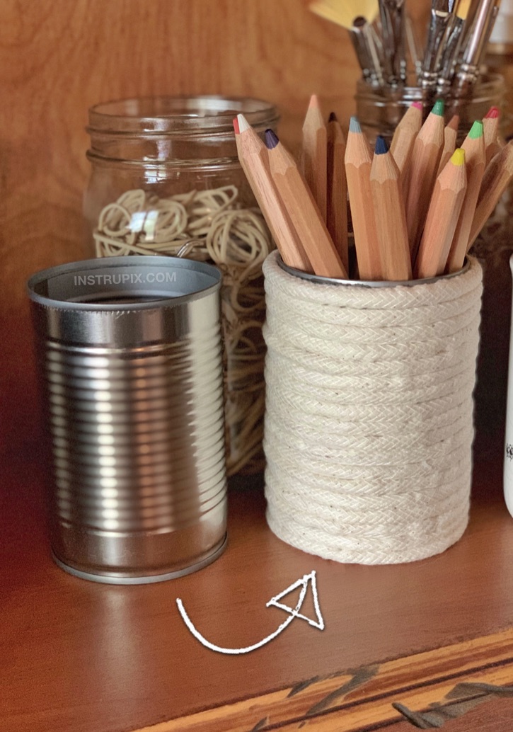 DIY Tin Can Crafts -- Rope covered tin cans! Beautiful for displaying office, craft and makeup supplies. This cheap and easy craft idea is a great project for both kids and adults!