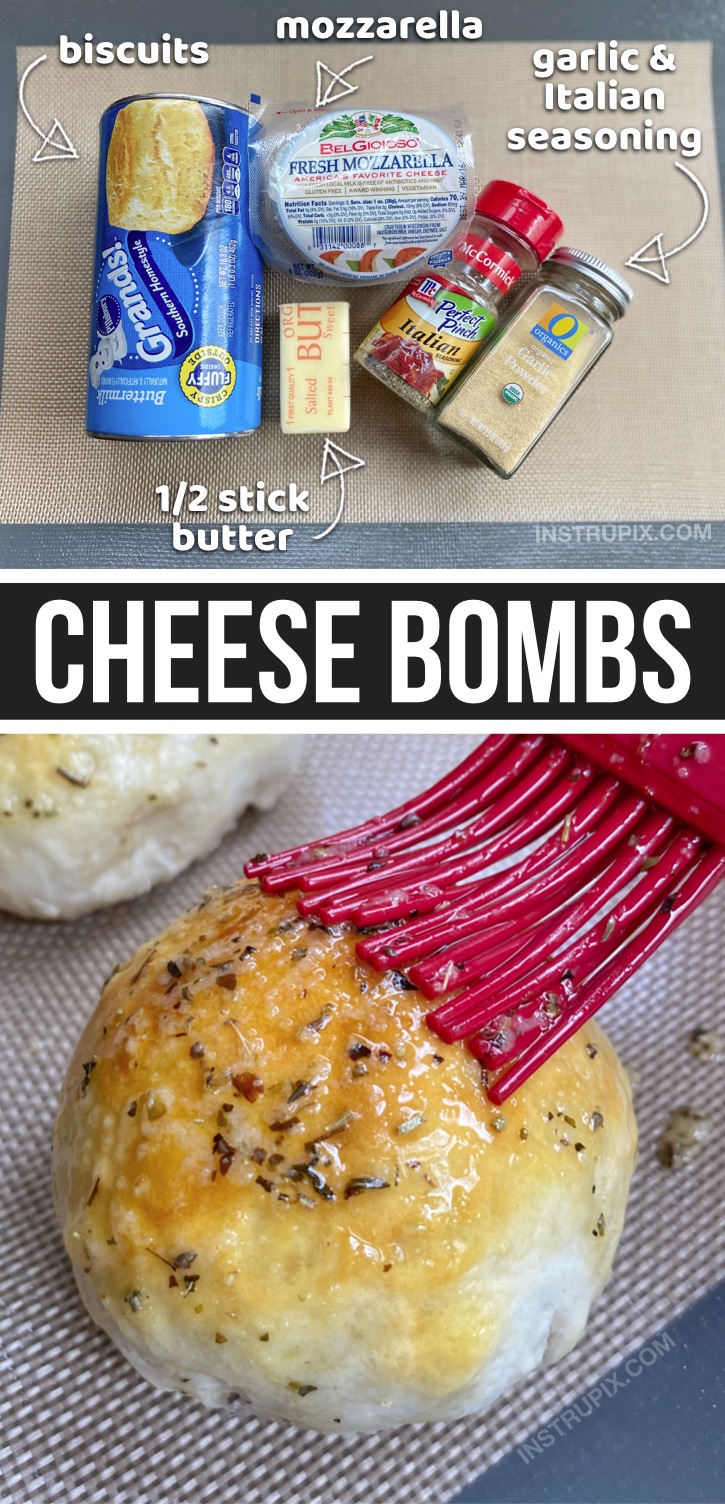 Looking for easy recipes for beginners? It only takes 4 cheap and simple ingredients to make these incredibly delicious garlic cheese bombs! Pillsbury biscuits, mozzarella cheese, butter and seasoning. Easy enough for kids to make. The ultimate comfort food. Filling enough to eat as lunch, a side dish, meal or after school snack. Dip in pizza sauce! So good. Definitely a favorite among kids and teenagers. Very filling and delicious. #pillsbury #comfortfood #cheesybread #snacksforkids #instrupix