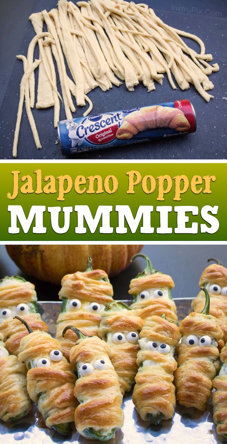 Delicious Halloween party food! These jalapeno popper mummies are made with a yummy cream cheese mixture and wrapped in strips of Pillsbury crescent dough. Super easy and yet impressive party food for a Halloween party!