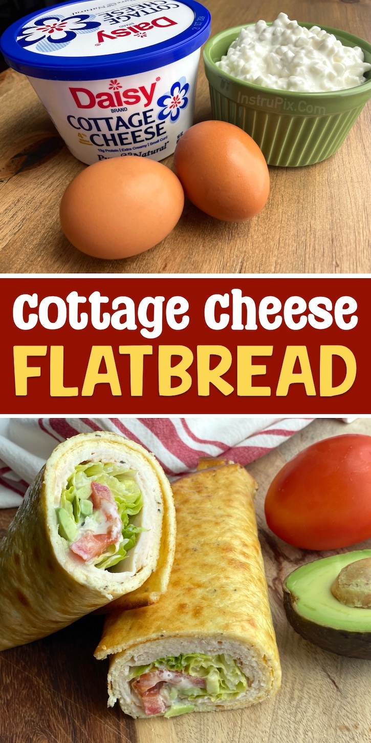 How to make homemade flatbread with just 2 ingredients! Cottage cheese and eggs. This easy recipe is awesome for making low carb wraps, sandwiches, and pizza crust. Just blend the ingredients together and pour onto a parchment lined baking sheet. It's healthy, packed full of protein, and really tasty!